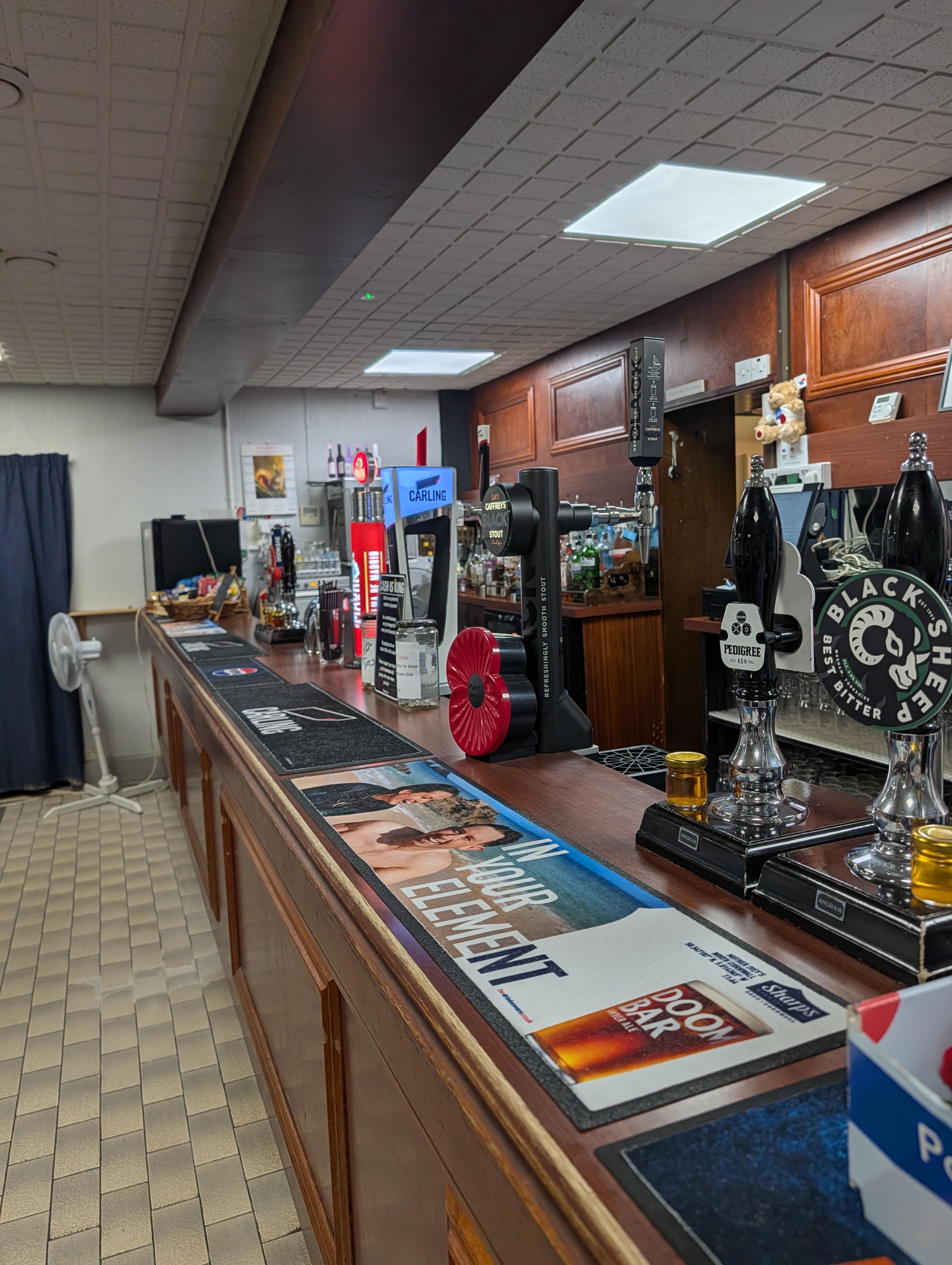 The bar counter and shelves behind it